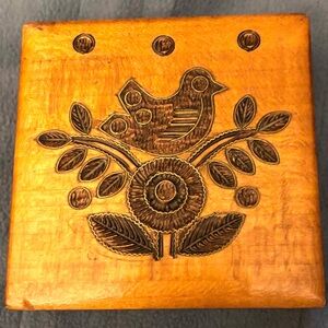 Vtg Ornate Bird Design Handmade Polish Wood Square Hinged Trinket,Jewelry Box